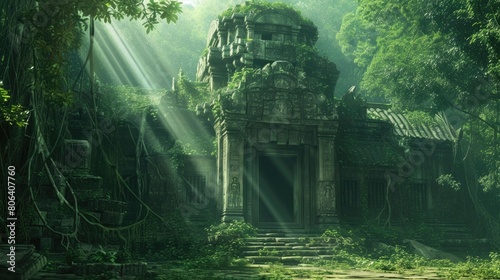 An ancient ruin on a misty mountain, with forgotten temples and overgrown paths. A mysterious fog envelops the scene, creating a sense of mystery and age. Resplendent. photo