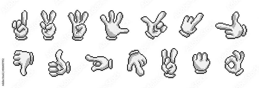 Hand gesture pixel cartoon style set. Palm gestures pixelated collection. Hand gesture pixel cartoon style set. Palm gestures pixelated collection.
