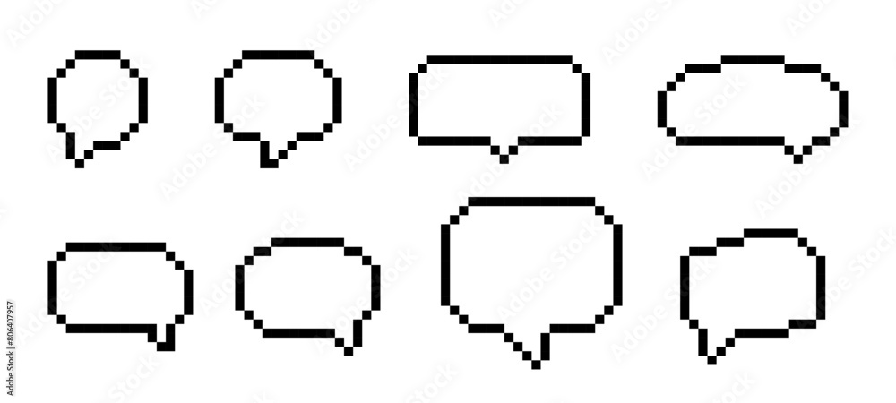 Text box pixelated illustration. Speech bubble pixel style set. Text box pixelated illustration. Speech bubble pixel style set.