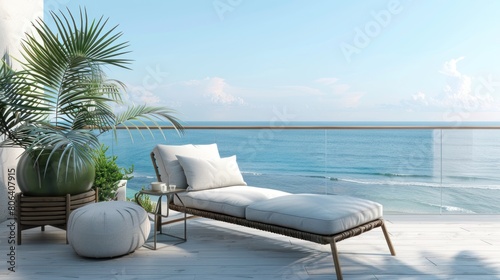 View of nodern white sun lounges on a rooftop resort hotel deck overlooking the ocean