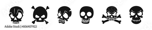 Skull cartoon style vector set. Skeleton head evil collection.