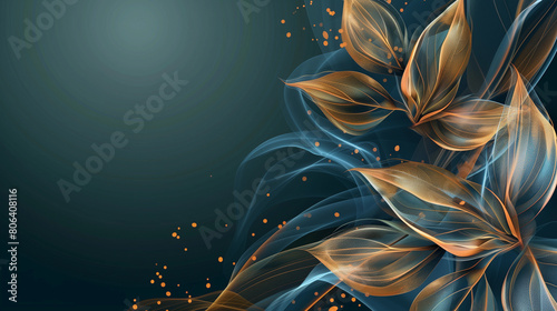 A blue background with a leafy green and gold leafy pattern