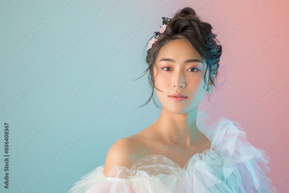 Portrait of an Asian Women wearing gown with elegant hairstyle and pastel background Portrait of an Asian Women wearing gown with elegant hairstyle and pastel background