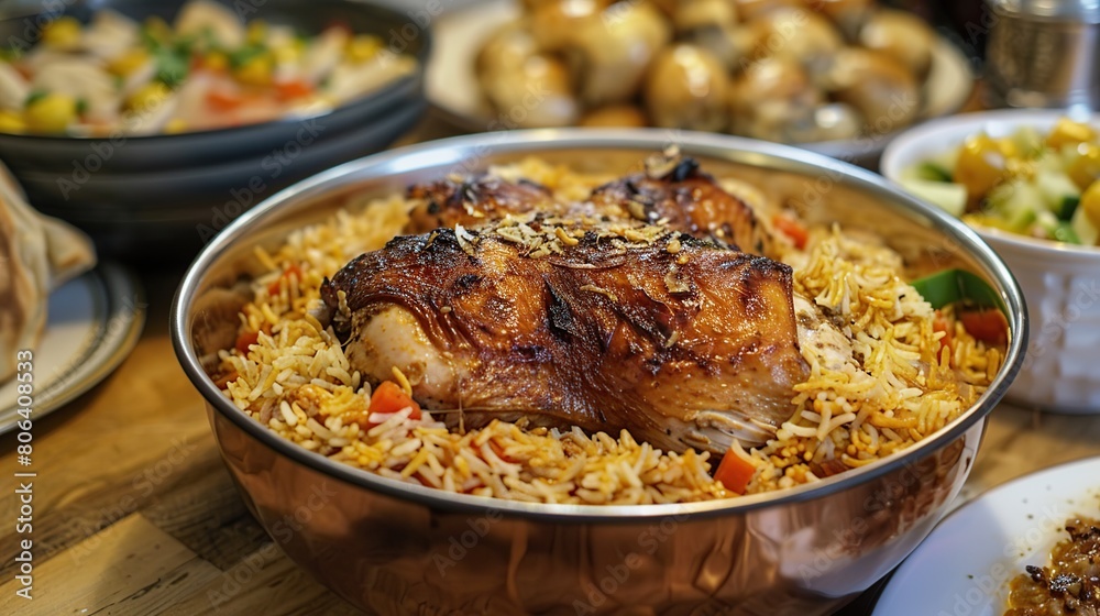 Chicken kabsa, homemade arabian rice, Saudi food. Generative Ai Chicken kabsa, homemade arabian rice, Saudi food. Generative Ai