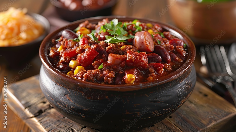 Chili con carne with sausage. Generative Ai Chili con carne with sausage. Generative Ai