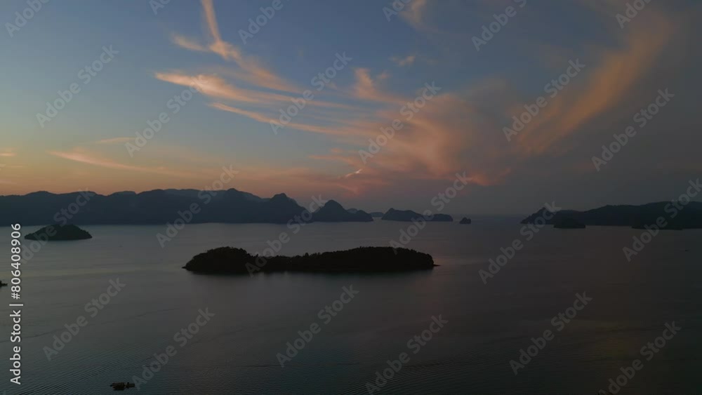 remote islands peaceful calming seascape sunrise. Fantastic aerial view drone remote islands peaceful calming seascape sunrise. Fantastic aerial view drone