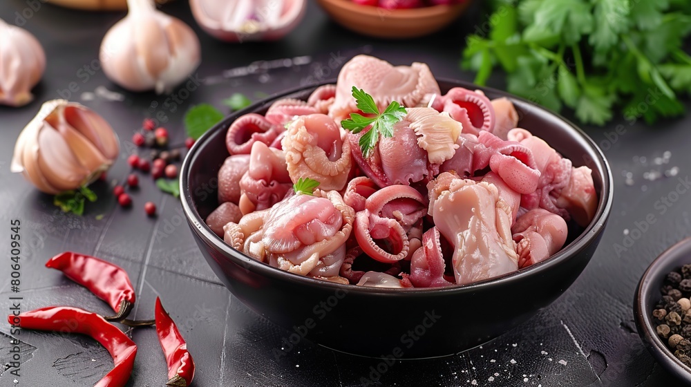 chicken gizzard before cooking on table with greens. Generative Ai chicken gizzard before cooking on table with greens. Generative Ai