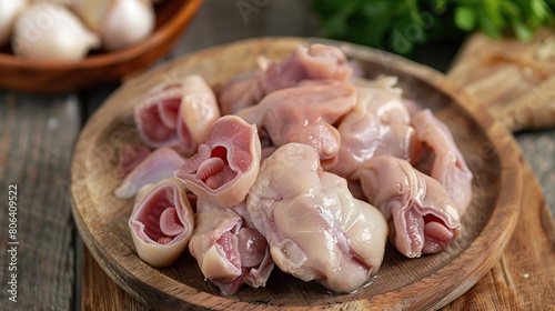 chicken gizzard before cooking on table with greens. Generative Ai photo