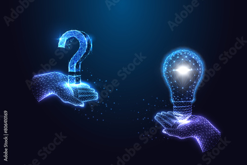 Questions and answers concept, creativity, innovation, futuristic thinking on dark blue background
