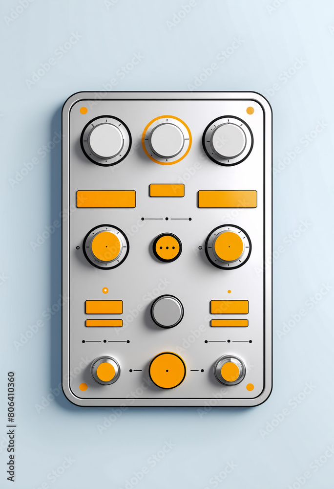 A minimalistic control panel or interface design. Template for web online app dashboard. Set of Buttons, Dials, Knobs on neutral background. A minimalistic control panel or interface design. Template for web online app dashboard. Set of Buttons, Dials, Knobs on neutral background.