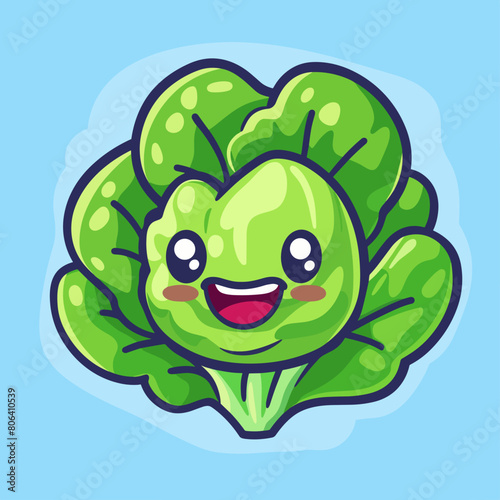 A cartoon lettuce is smiling and has a happy expression. The lettuce is green and has a leafy appearance