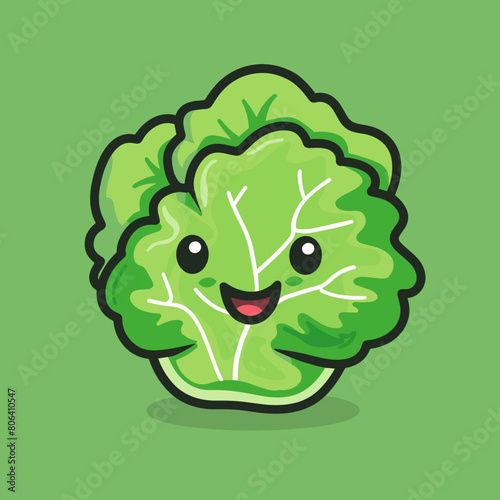 A cartoon lettuce is smiling and has a happy expression. The lettuce is green and has a leafy appearance