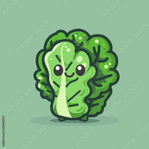 A cartoonish green leafy vegetable with a smile on its face. The cartoonish appearance of the vegetable gives it a playful and lighthearted mood