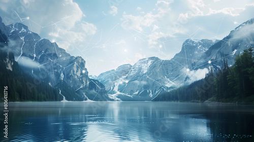 A beautiful mountain lake with snow on the mountains and trees in the background photo
