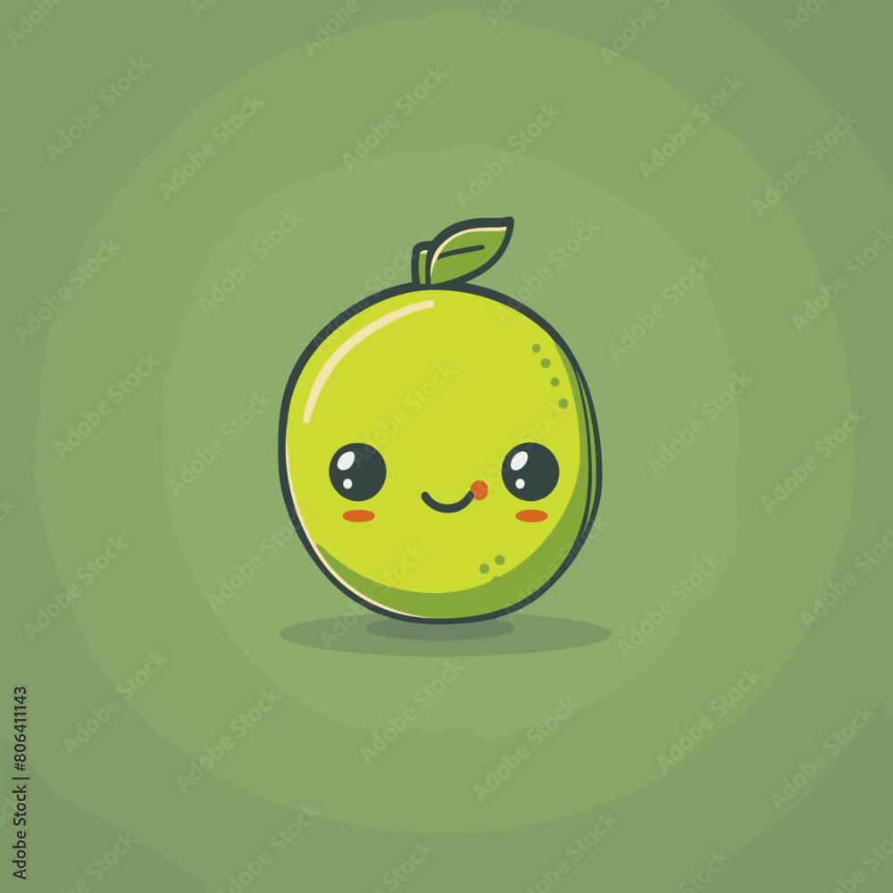 A cartoon lime with a green leaf on top. The lime is smiling and has a happy expression A cartoon lime with a green leaf on top. The lime is smiling and has a happy expression