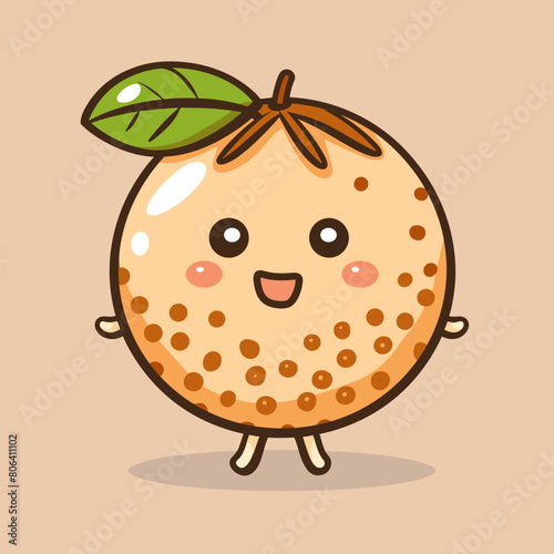 A cartoon longan with a leaf on top is smiling. The longan is happy and has a positive mood