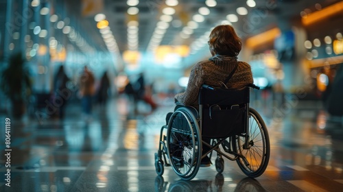 Disabled Woman Waiting at Airport Gate in Wheelchair photo