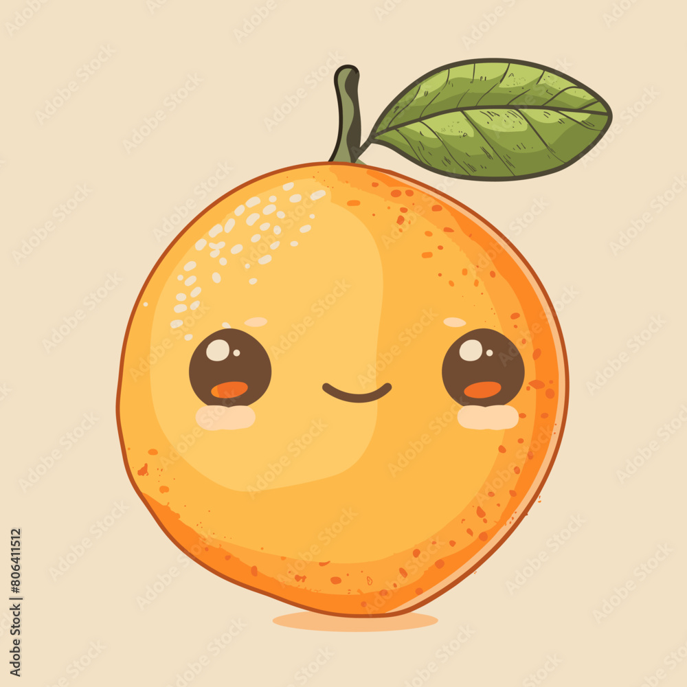 A cartoon loguat with a green leaf on top. The orange is smiling and has a happy expression A cartoon loguat with a green leaf on top. The orange is smiling and has a happy expression