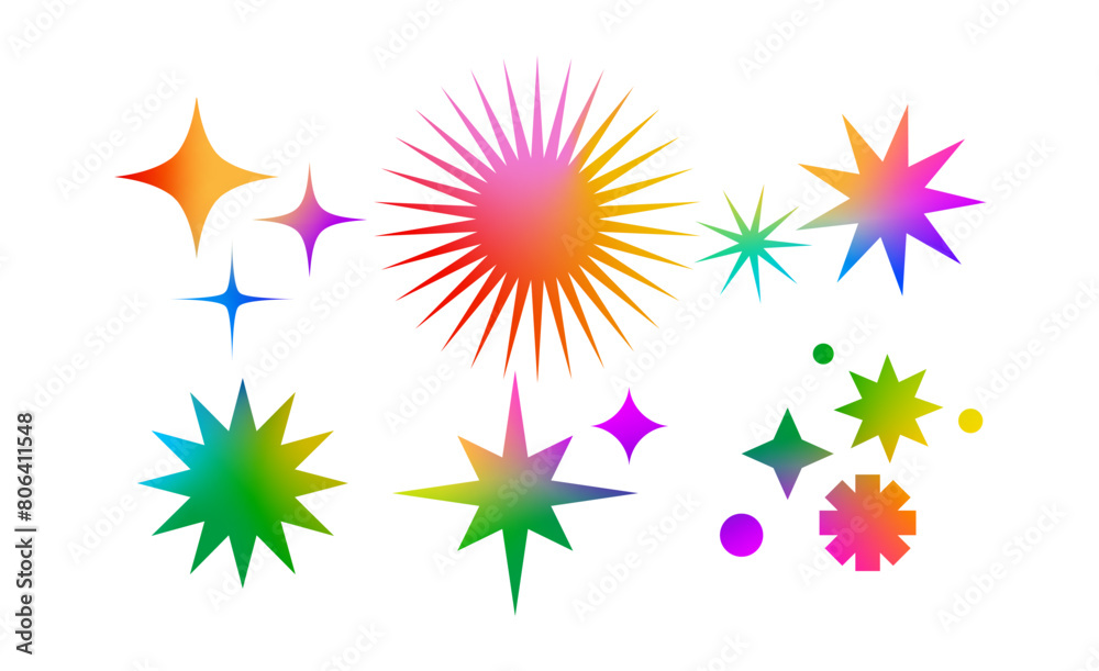 Obraz premium Set of Bright Colorful Star Shapes with Gradient. Vector Twinkle in Y2k Style Shapes for Funky Summer Posters and Tattoo. Abstract Shine Christmas Stars.