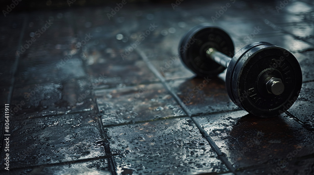 Two dumbbells placed on a gray tiled floor in a gym setting - Generative AI Two dumbbells placed on a gray tiled floor in a gym setting - Generative AI