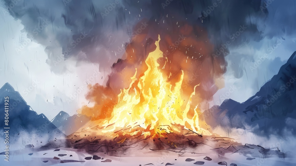 Watercolor depiction of a dramatic volcanic eruption amidst snowy mountains, blending fierce fire with cold, stark landscapes.