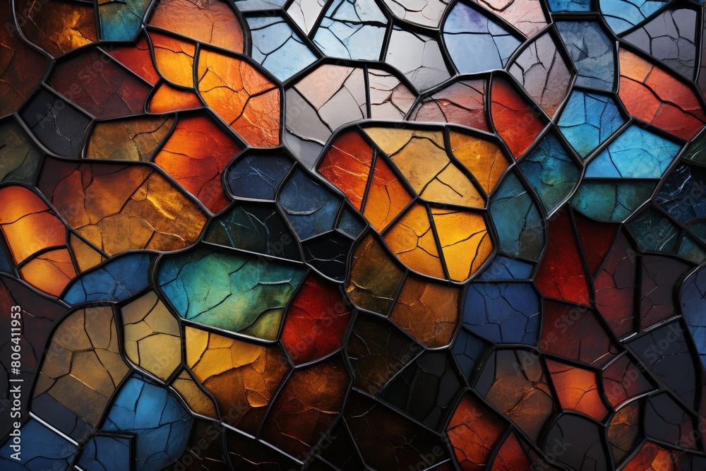 Close-up view of a colorful mosaic made of intricately cracked paint, showcasing a spectrum of vibrant colors and unique textures.