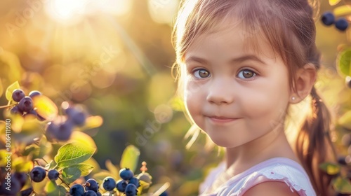 The little girls nose, face, hair, smile, eyes, and ears light up as she stands in front of a blueberry bush. Her happy expression is reflected in her shining eyes and curled eyelashes AIG50 © Summit Art Creations