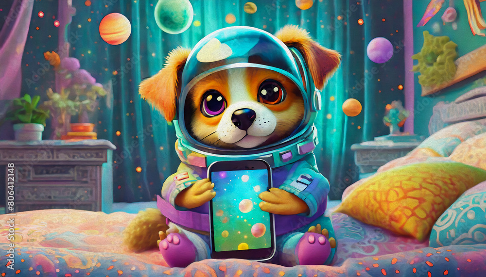Fototapeta premium oil painting style cartoon character baby dog Astronaut Exploring Cosmic Galaxy with Smartphone in Bedroom