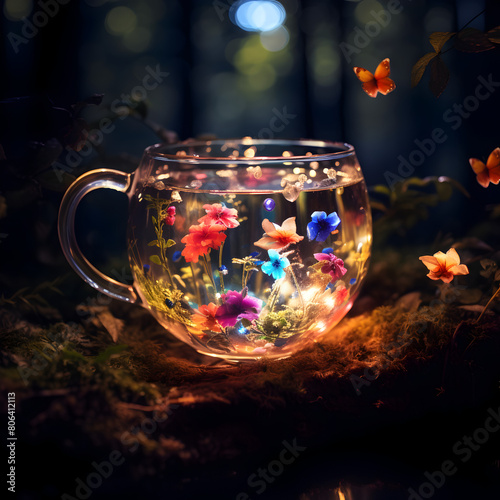 A transparent tea cup filled with vibrant flowers amidst a mystical, dark forest setting, illuminated by butterfly-shaped lights, International Tea Day, the international day of plant health in May