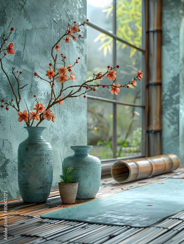 A tastefully arranged branch with delicate orange blossoms in two ceramic vases, enhances the aesthetic of a modern interior design, international yoga day