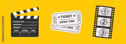 Cinema set. Clapperboard, tickests, countdown. Vector Illustration.