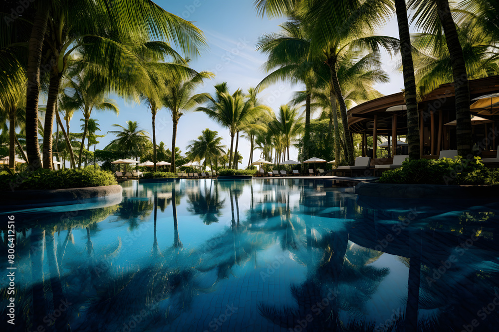 Luxurious resort pool surrounded by lush Fan Palm trees, reflecting in calm blue water   Generative AI,