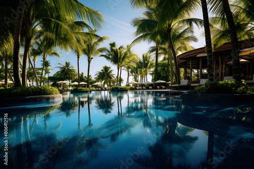 Luxurious resort pool surrounded by lush Fan Palm trees, reflecting in calm blue water Generative AI,
