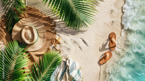 Beach towel, summer hat and sandals on a sandy beach with tropical island palm trees top view