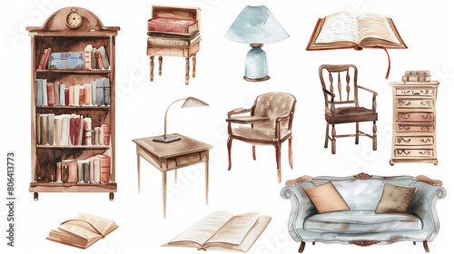 .An assortment of refined vintage furniture and classic library décor, exuding an antique charm, set against a white backdrop.