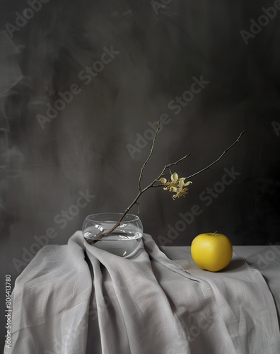 Yellow apple and branch in a glass on a gray background. Still life. Place for text. Vertical frame. (ID: 806413780)