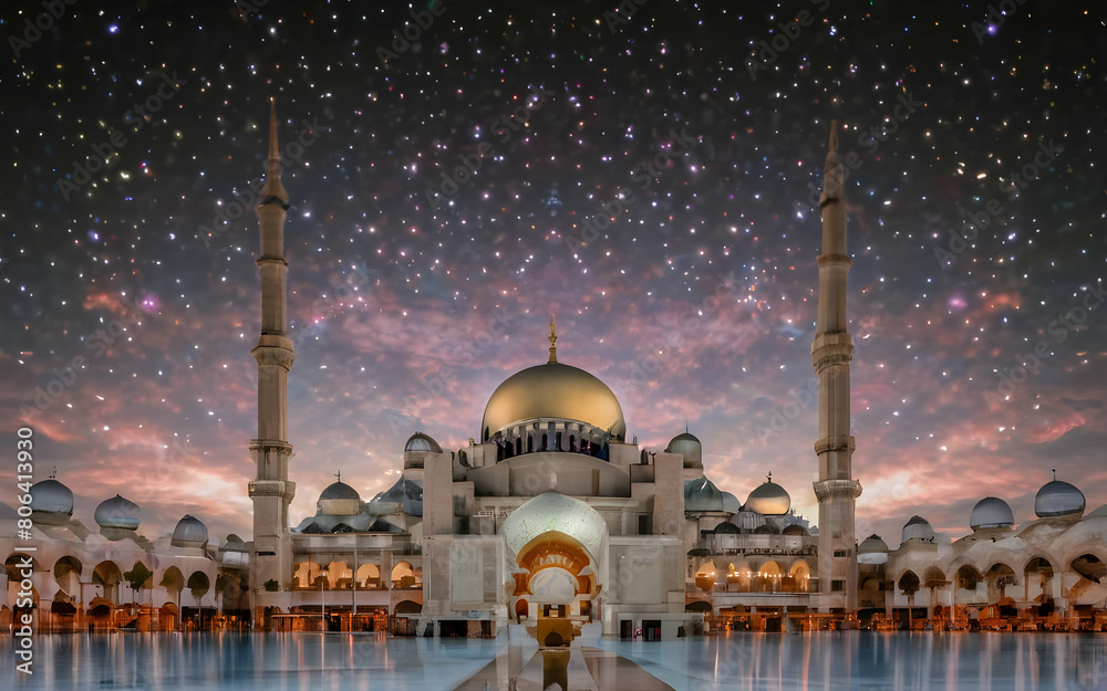 Fototapeta premium view of the mosque with a beautiful galaxy sky background
