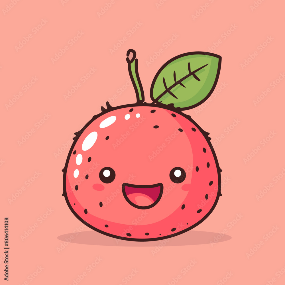 Obraz premium A cartoon fruit lychee with a smiling face and a leaf on top