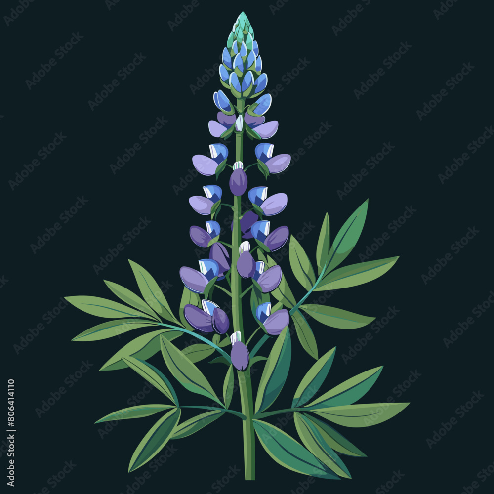 A purple flower with green leaves is the main focus of the image. The flower is tall and has a unique shape, with a blue center and white petals. The image has a calming and serene mood A purple flower with green leaves is the main focus of the image. The flower is tall and has a unique shape, with a blue center and white petals. The image has a calming and serene mood
