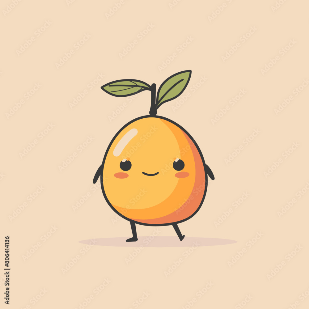 A cartoon mango with a green leaf on top. The mango is smiling and has a happy expression A cartoon mango with a green leaf on top. The mango is smiling and has a happy expression