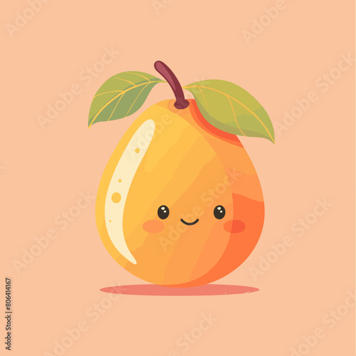 A cartoon mango fruit with a green leaf on top. The mango is smiling and has a happy expression