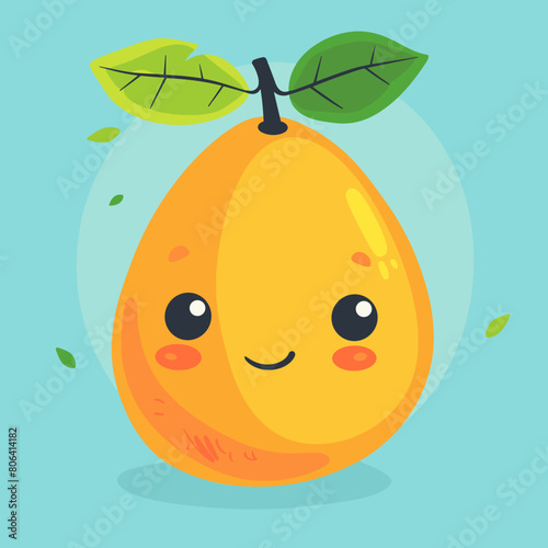A cartoon mango with a leaf on top of it. The mango is smiling and has a happy expression