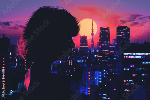 Illustration of a silhouette of a woman with the background of Tokyo City in Japan with retro vibes   vibrant color   City Pop