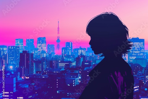 Illustration of a silhouette of a woman with the background of Tokyo City in Japan with retro vibes , vibrant color , City Pop