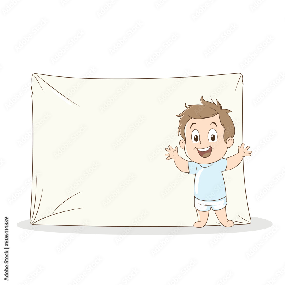Boy smiling while spreading arms against huge pillow, happy child cartoon. Large pillow dwarfing toddler blue shirt, playful mood indoors. Boy dwarfed oversized pillow, joyful expression, cute Boy smiling while spreading arms against huge pillow, happy child cartoon. Large pillow dwarfing toddler blue shirt, playful mood indoors. Boy dwarfed oversized pillow, joyful expression, cute