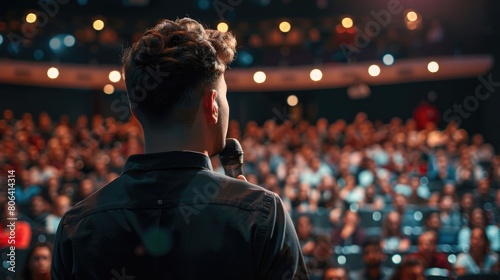 Backview of a Stylish Young Businessman in a Dark Crowded Auditorium at a Startup Summit, Young Man Talking to a Microphone During a Q and A session, Entrepreneur Happy with Event Speaker