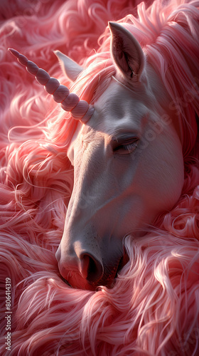Detailed close-up of a beautiful grown-up unicorn with pink hair sleeping on a fluffy surface full of texture, a magical myth creature from imagination