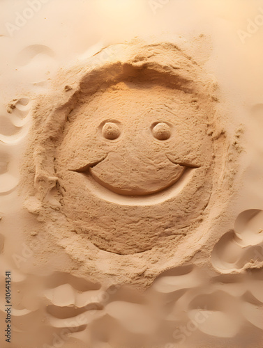 A joyful sand sculpture of a smiling Sun face made in sand, encircled by patterned indents on a beige backdrop, evoking happiness