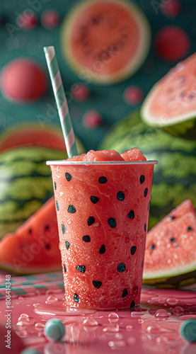 A whimsical watermelon-themed disposable cup with straw, mimicking watermelon seeds pattern, among fresh watermelons, summer low calories diet fruit for weight loss