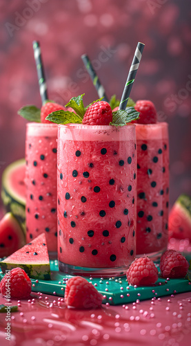 Trio of raspberry watermelon smoothies with playful straws against a blurred raspberry backdrop, summer low calories diet fruit for weight loss